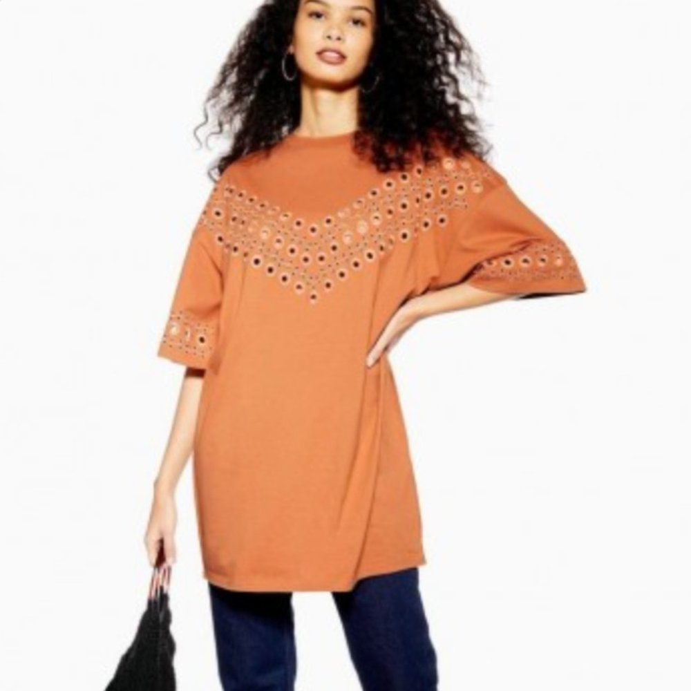 Topshop oversized broderie t-shirt dress / tunic top in rust color